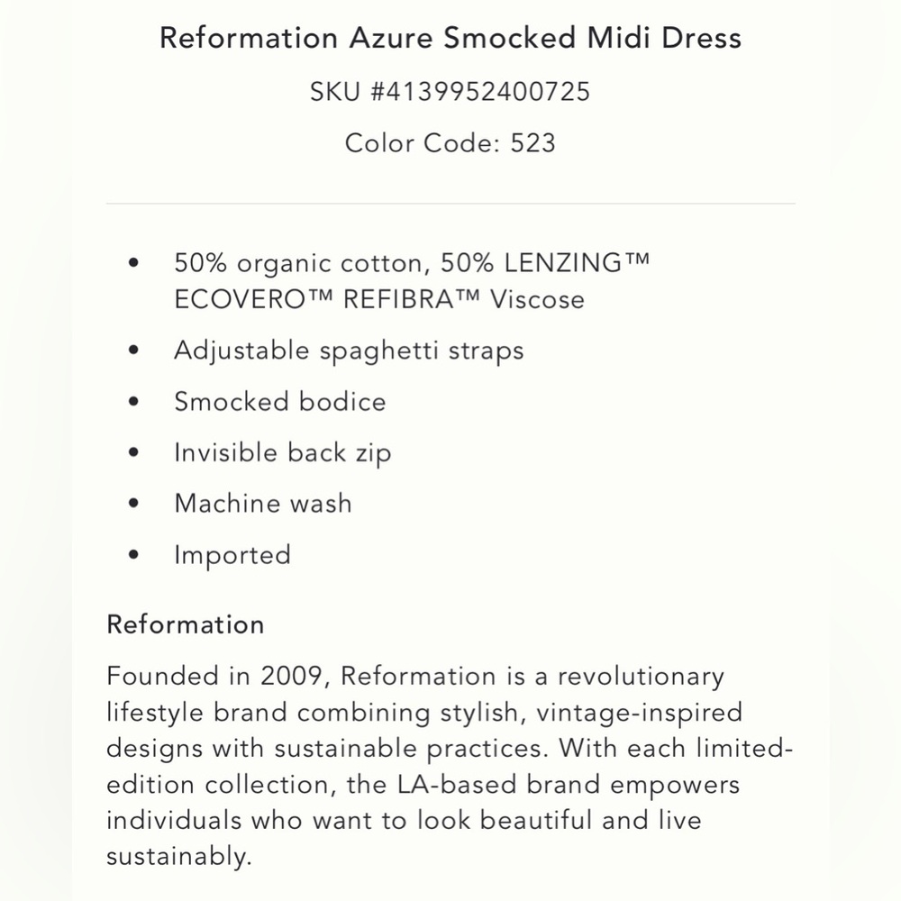 Reformation Azure Smocked Midi Dress in Gwendolyn (Size 8) - NWT - Picture 14 of 14